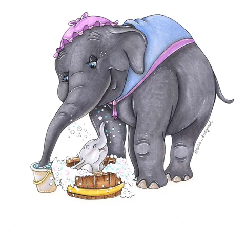 Ilustración de la señora Jumbo bañando al pequeño Dumbo en una tina llena de espuma.