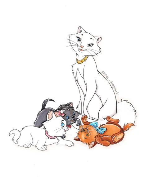 Ilustración de Duquesa junto a sus tres gatitos, Marie, Toulouse y Berlioz.