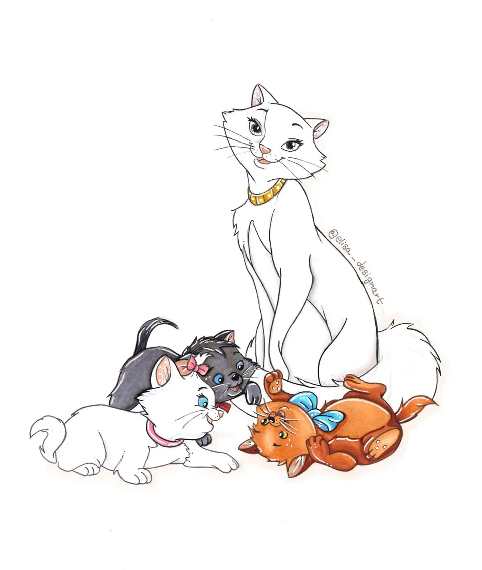 Ilustración de Duquesa junto a sus tres gatitos, Marie, Toulouse y Berlioz.