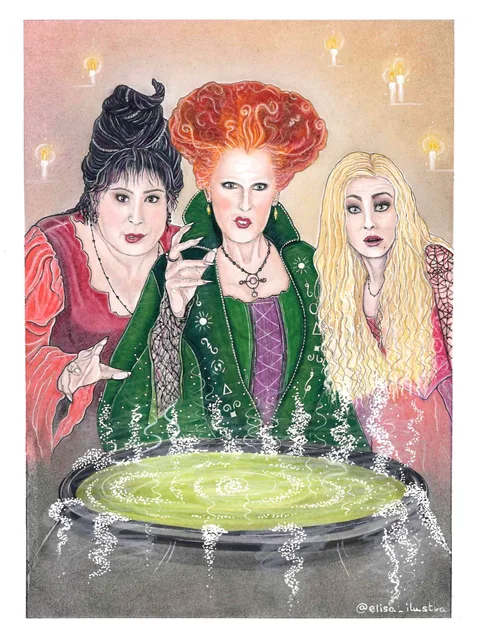 Ilustración de las hermanas Sanderson, las carismáticas brujas de la película Hocus Pocus.