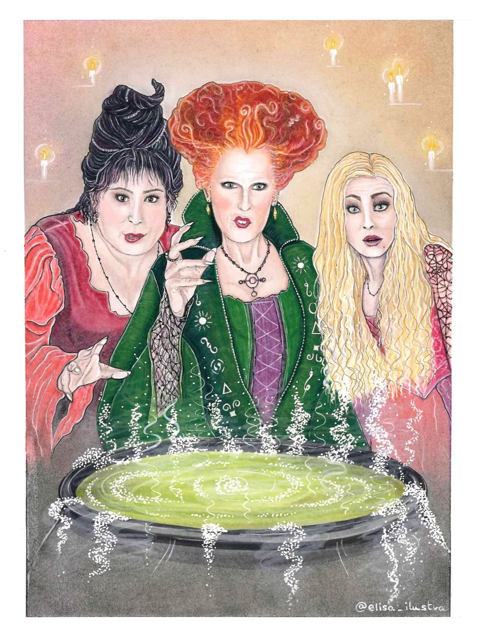 Ilustración de las hermanas Sanderson, las carismáticas brujas de la película Hocus Pocus.