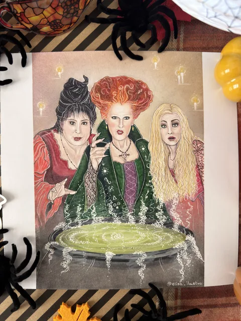 Aquí te muestro una ilustración de las hermanas Sanderson, las carismáticas brujas de la película Hocus Pocus.