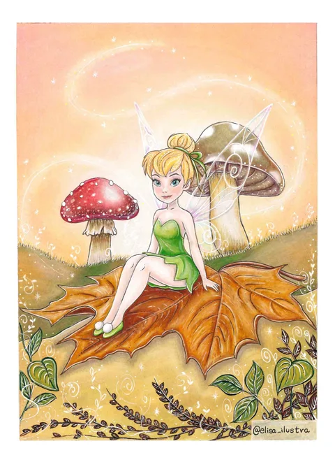 Ilustración de Campanilla sentada sobre una hoja de otoño, entre setas y destellos de polvo de hada.