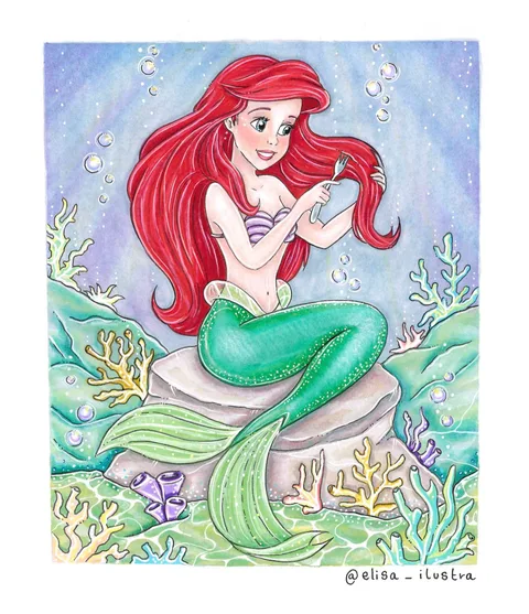 Ilustración de Ariel sentada sobre una roca con un tenedor en las manos, rodeada de corales y burbujas.