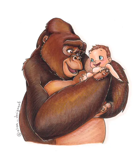 Ilustración de Kala sosteniendo al pequeño Tarzán entre sus brazos.